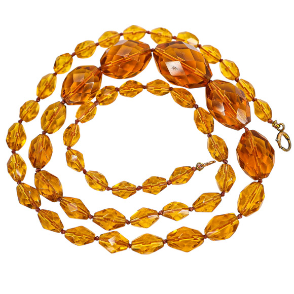 Vintage Faceted Amber Glass Beaded Necklace – Hand Knotted Graduated 1930s Czech - Picture 5 of 7